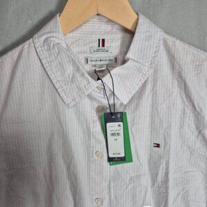 Tommy Hilfiger Classic Fit Womans Large White Striped Long Sleeve Shirt NEW -497